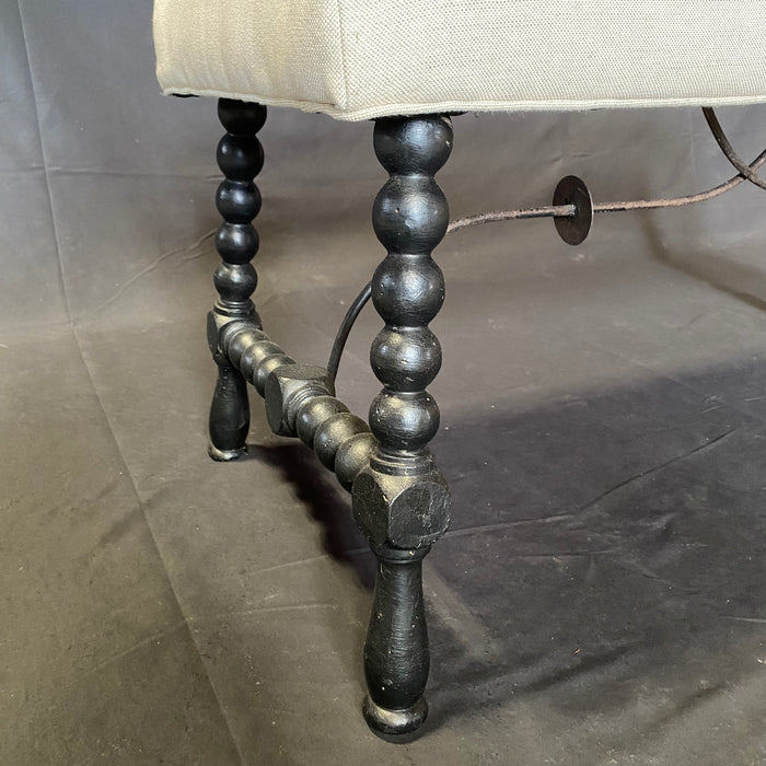 Antique Ebony Barley Twist Bench or Ottoman with Wrought Iron Stretchers from Spain