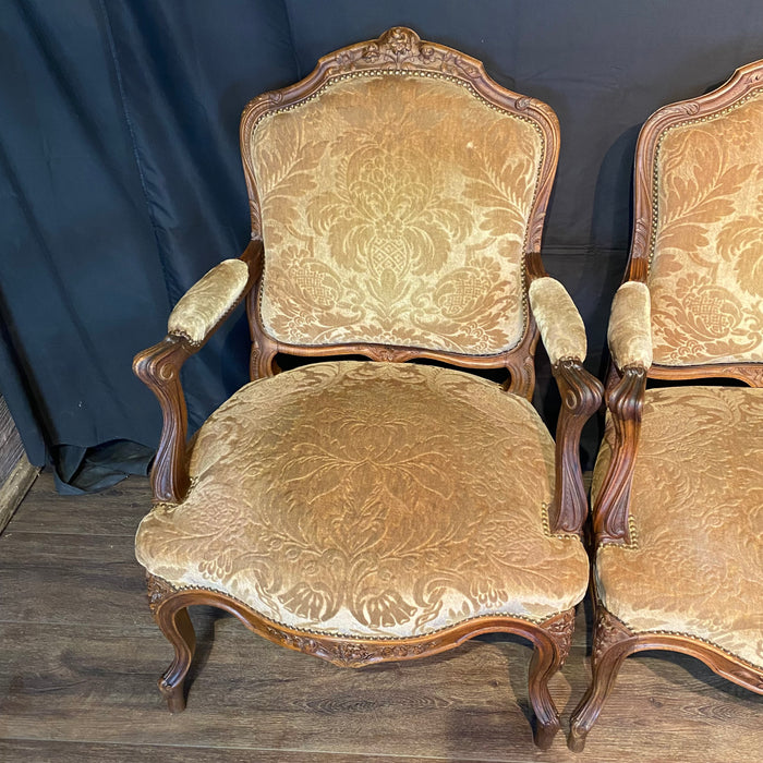 Set of Four French Louis XV Carved Armchairs with Cut Velvet Mohair Upholstery