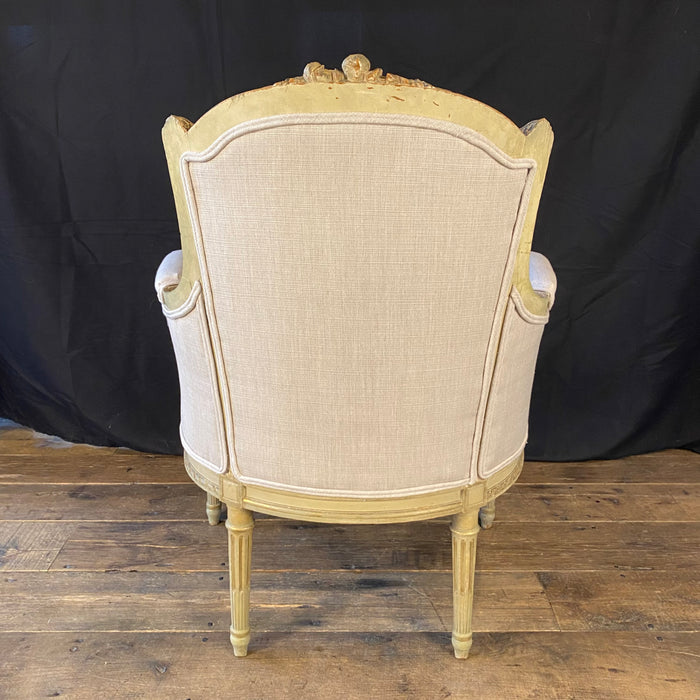 Pair of Intricately Carved French 19th Century Painted Louis XVI Bergere Armchairs with New Neutral Upholstery