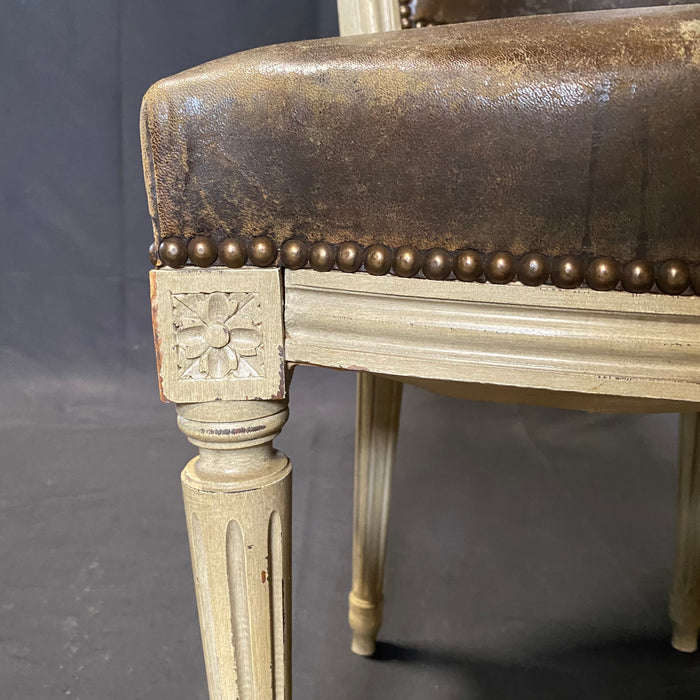 Set of 6 French Louis XVI Period Embossed Leather Painted Dining Chairs