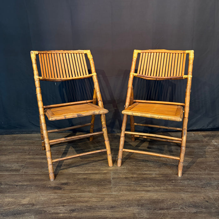 Pair of Midcentury Tortoiseshell Bamboo Folding Chairs with Bamboo and Rattan Tray Table
