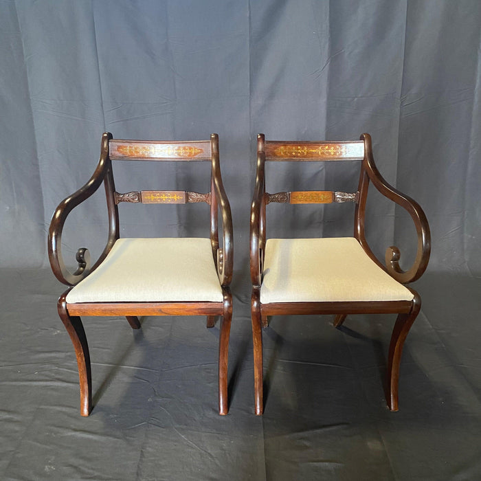Pair of English Regency Brass Inlaid Back Dining Armchairs
