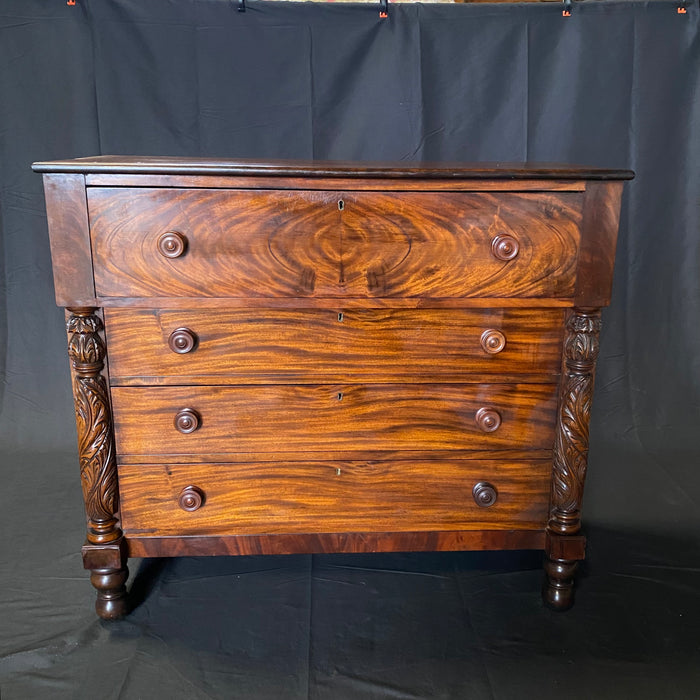 Early American Federal Chest of Drawers, Dresser or Commode in Bookmatched Mahogany and Carved Turned Columns