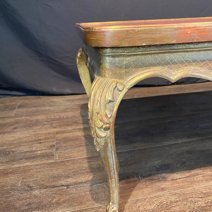 French Louis XV Coffee Table Gold Gilt Paint Carved with Leather Embossed Top