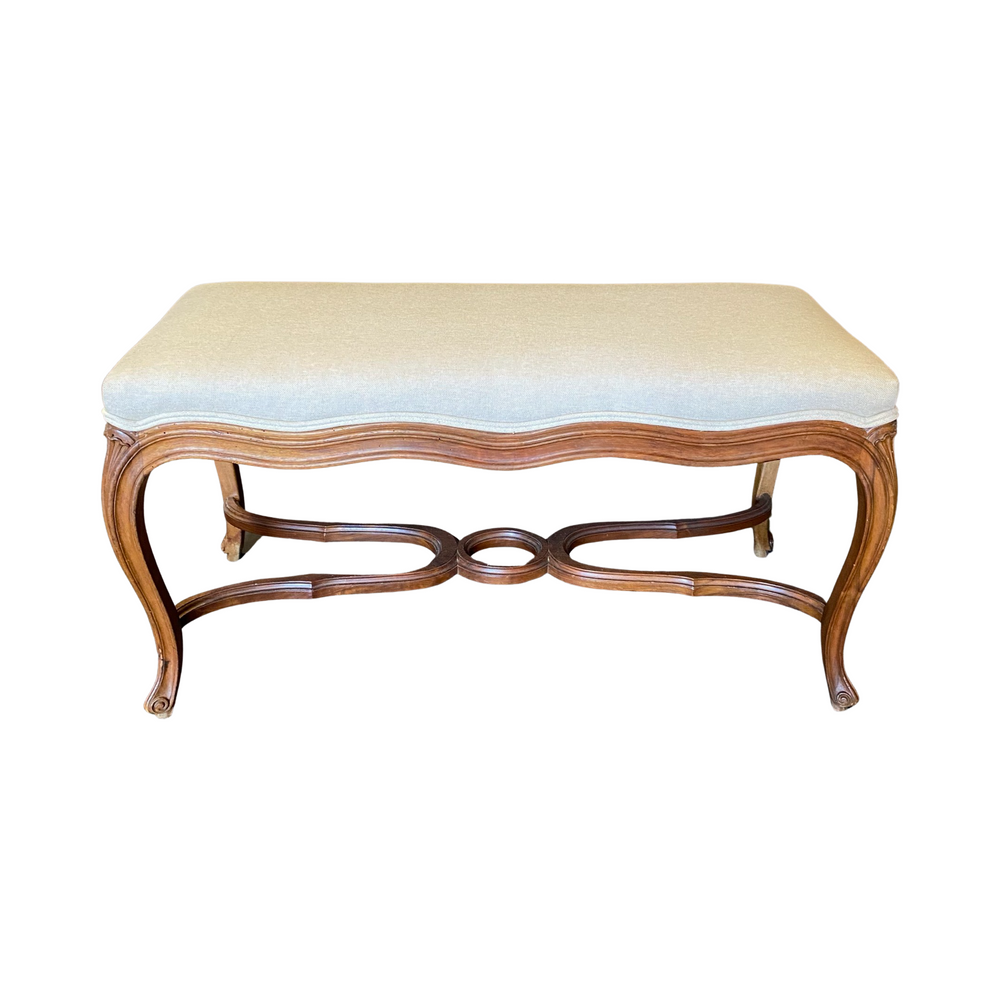 Classic French 19th Century Walnut Louis XV Newly Upholstered Bench with Carved Circular Stretcher
