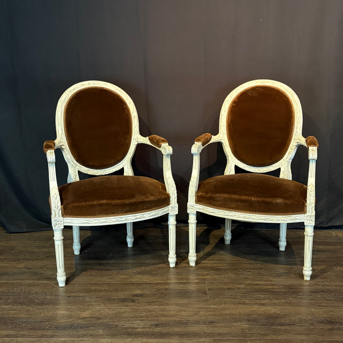 Pair of 19th Century French Louis XVI Carved and Painted Fauteuil Armchairs with Exceptional Carving