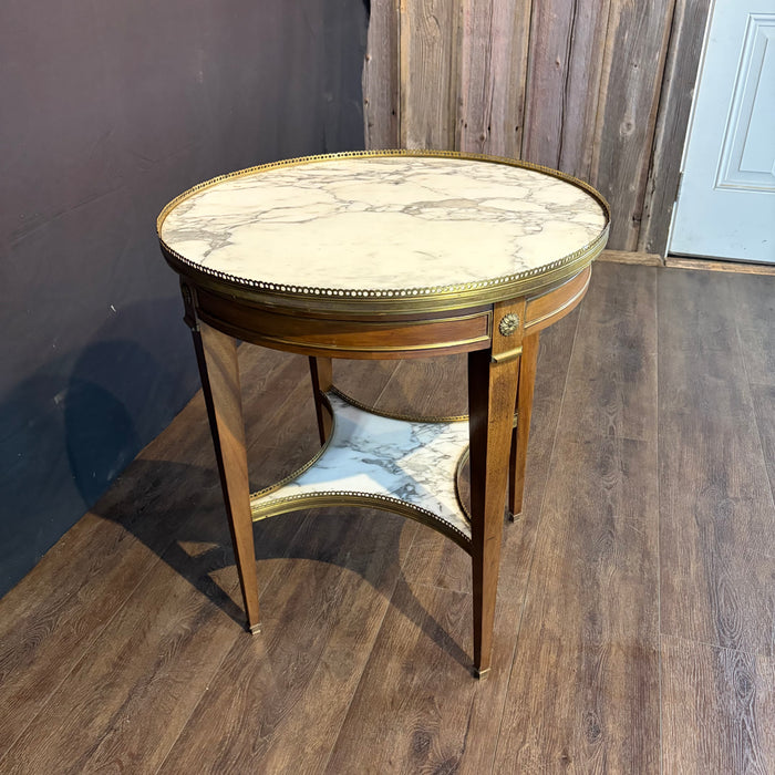 Antique French Bouillotte Round Side Table with Marble Top, Marble Stretcher and Brass Gallery