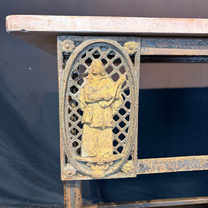 Antique French Balcony Console Table with Marble Top & Figural Wrought Iron Panel