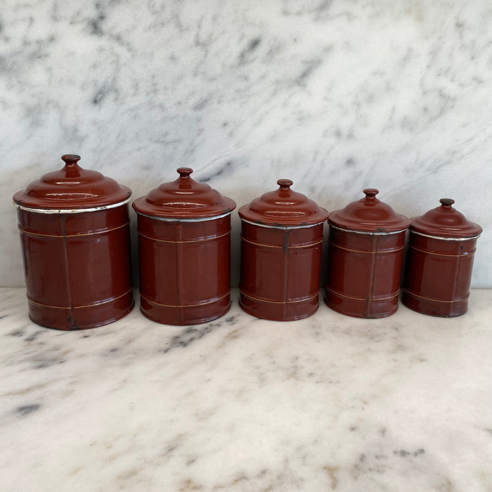 Set of Five French Reddish Brown Enamel Kitchen Canisters with Original Lids