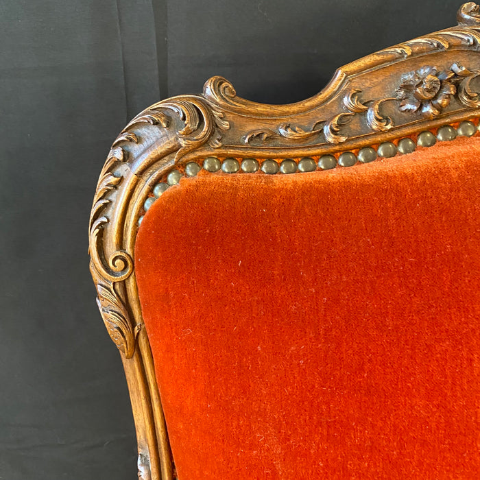 Pair of French Louis XV Intricately Carved Armchairs, Fauteuils or Parlor or Lounge Chairs with Original Fabulous Vermilion Red Mohair