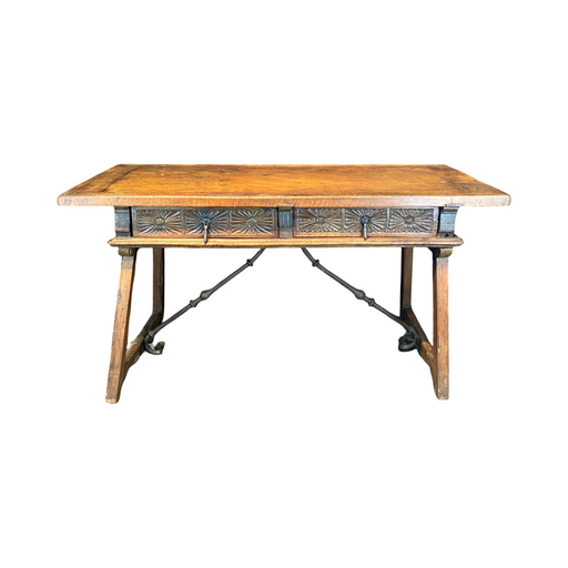 Antique Spanish Baroque Walnut Writing Table, Desk or Console with Iron Stretchers