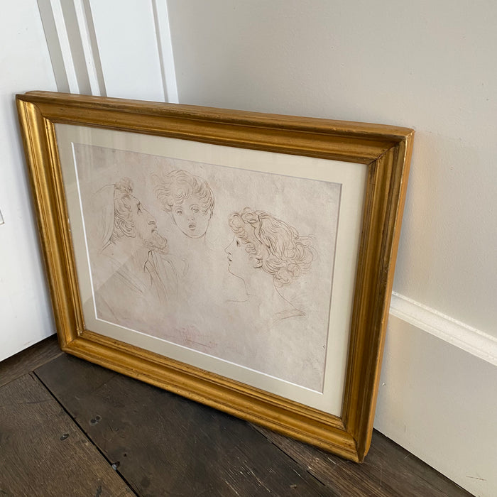 1820 Framed British Artwork Drawing of an Angel Child and Couple in Gold Frame