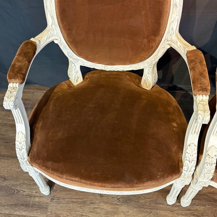 Pair of 19th Century French Louis XVI Carved and Painted Fauteuil Armchairs with Exceptional Carving