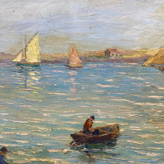 Mid-Century French Impressionist Oil Painting of Sailboats in a Harbor, Signed Gautier