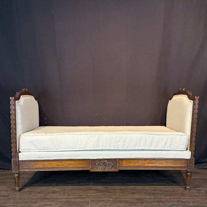 Antique French Louis XVI Carved Walnut Expandable Daybed, Settee and Guest Bed with Neutral Upholstery