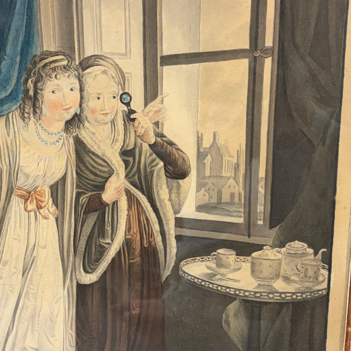 Matching Pair of late 18th Century Desnoyer Artwork: French Color Engravings Framed in Period Gold Leaf Frames