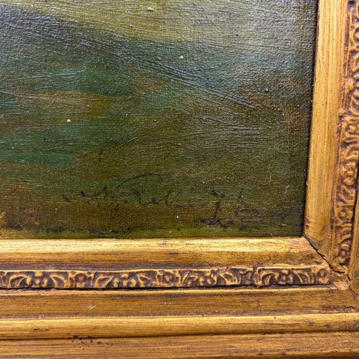 19th Century French Oil Painting of an Alpine Lake Landscape with Hilltop Castle and Horseback Riders in Ornate Gilt Frame