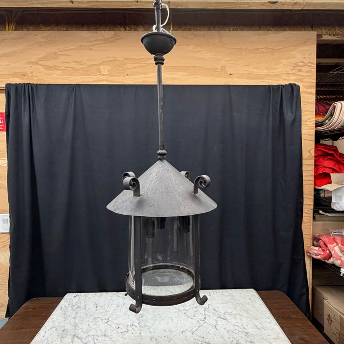 Antique Cast Iron Gas Lantern Pendant Light, Converted Gas Ceiling Fixture with Glass Shade
