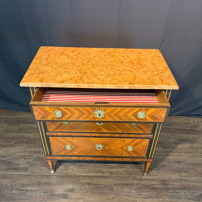 French Neoclassical Louis XVI Marble Top Parquetry Commode or Chest of Drawers