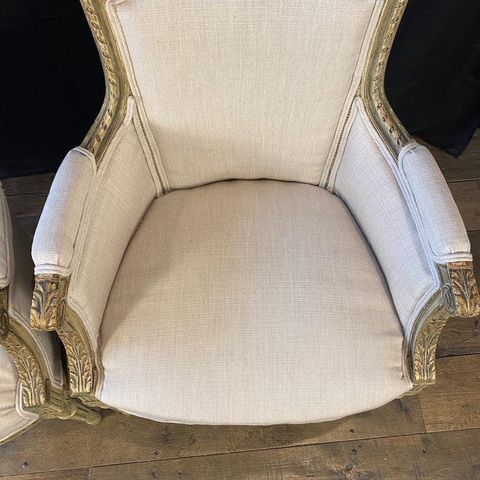 Pair of Intricately Carved French 19th Century Painted Louis XVI Bergere Armchairs with New Neutral Upholstery