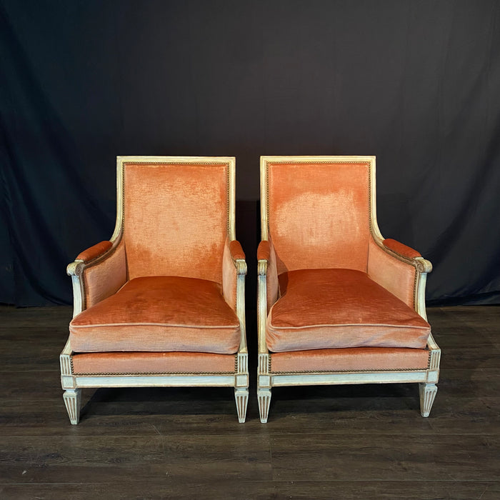 Pair of Antique French Louis XVI Painted Bergere Chairs or Armchairs with Original Mohair