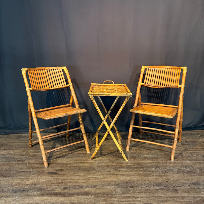Pair of Midcentury Tortoiseshell Bamboo Folding Chairs with Bamboo and Rattan Tray Table