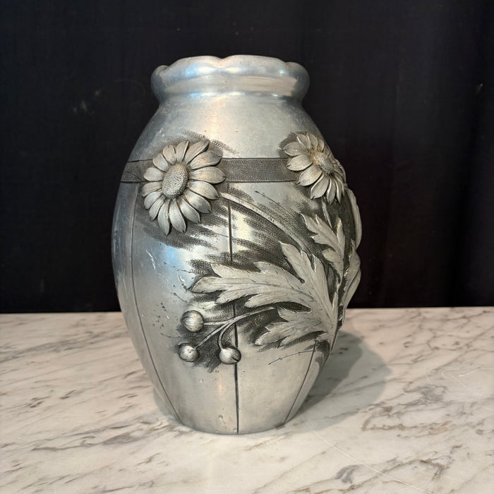 French Art Deco Pewter Floral Vase Signed by Lucien Houzeaux