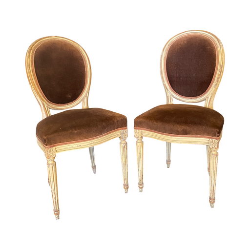 Set of 2 French Louis XVI Oval Back Carved Wood Mohair Upholstered Dining or Side Chairs