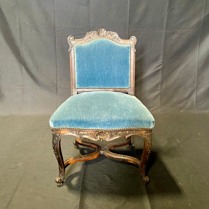 19th Century French Louis XV Chairs with Original Blue Mohair Upholstery: Set of 4 - 2 Armchairs and 2 Side Chairs