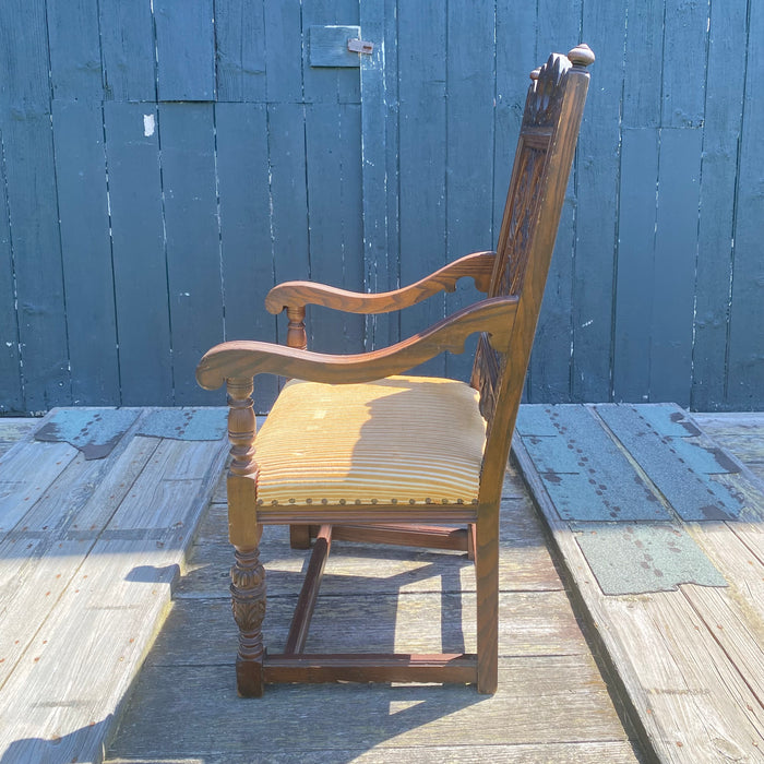 Antique Set of 8 British Jacobean Style Carved Oak Dining Chairs: 2 Arm Chairs and 6 Side Chairs