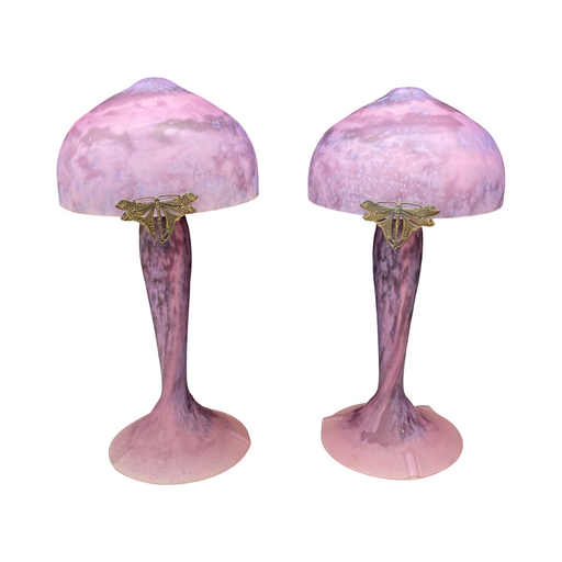 Pair of French La Rochere Art Nouveau Mushroom Table Lamps with Marbled Glass Shades and Bronze Dragonfly Details