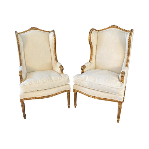 Pair of French Louis XVI Giltwood Wingback Armchairs or Bergeres 19th Century with New Upholstery