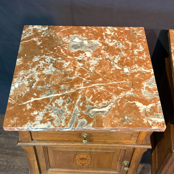 Pair of French Louis XVI Revival Oak Marble Top Nightstands with Floral Marquetry