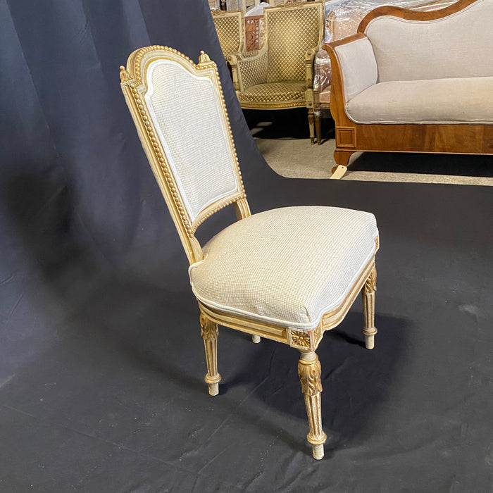 Set of 6 French 19th Century Salon Chairs, Side Chairs or Dining Chairs with Original Gilt and White Paint and New Upholstery