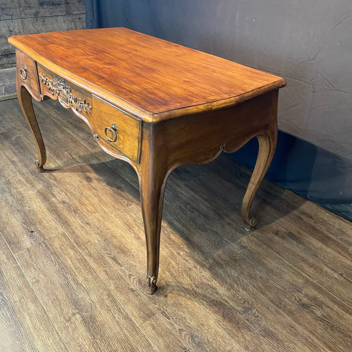 French 19th Century Writing Desk, Side Table or Console -  Louis XV Walnut with 2-Sided Carved Floral Urn Decor