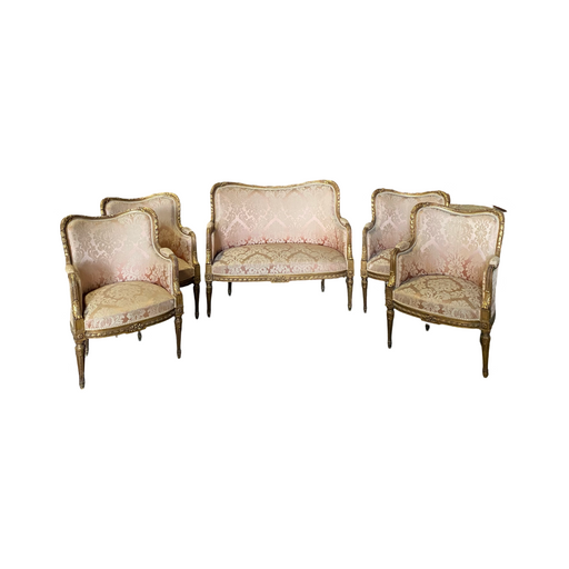 Exquisite Early 19th Century French Louis XVI Parlor Set or Salon Suite: Sofa, Loveseat or Settee and 4 Bergere Armchairs