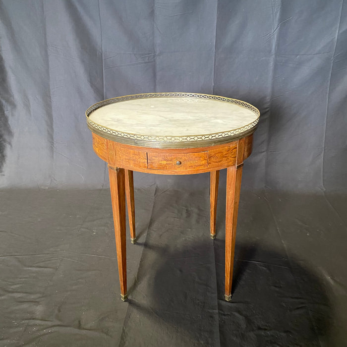 19th Century French Round Carrera Marble Top Side Table, Accent Table or Bouillotte Table with Exquisite Ribbon Marquetry and Bronze Gallery