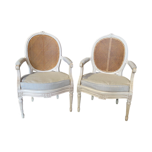 Pair of Super Early French 19th Century Louis XVI Armchairs or Bergere Chairs with New Neutral Upholstery