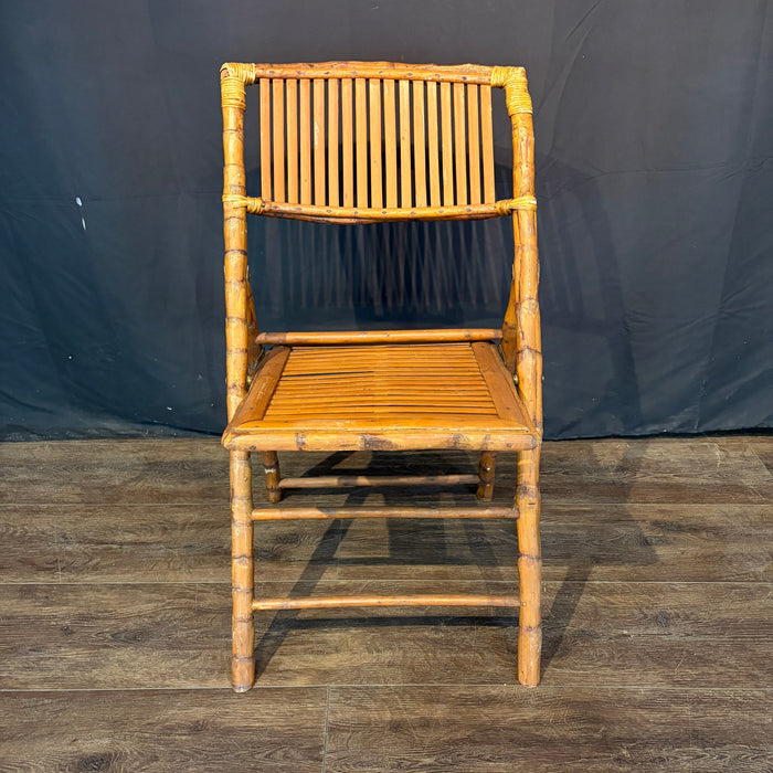 Pair of Midcentury Tortoiseshell Bamboo Folding Chairs with Bamboo and Rattan Tray Table