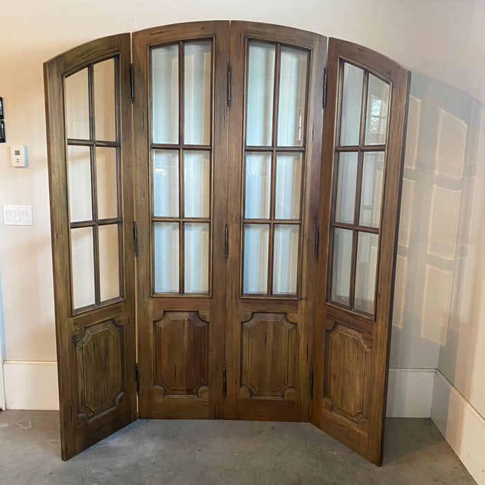 Antique French Four-Panel Folding Screen Room Divider with Beveled Glass Panels