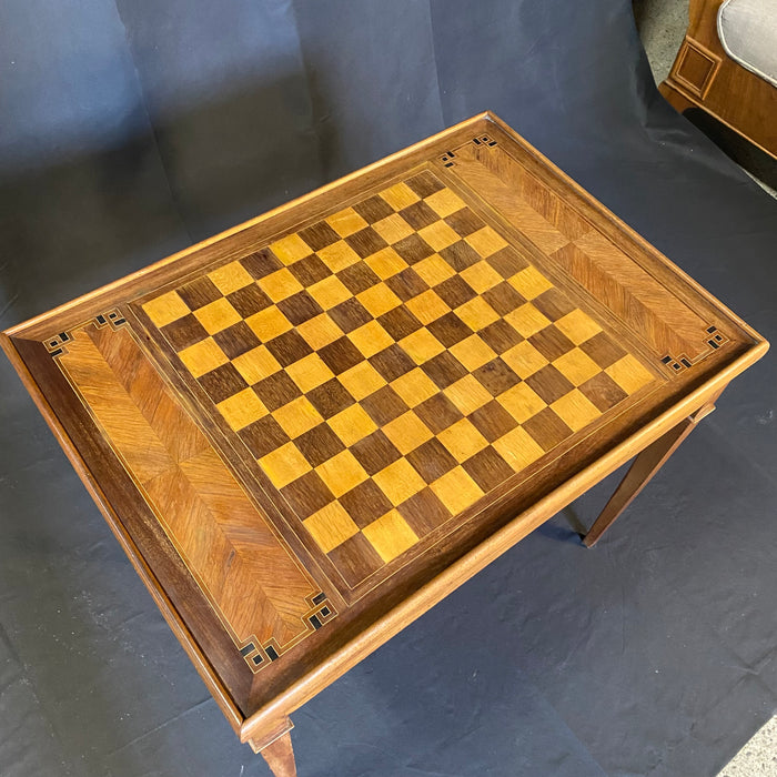 French Louis XVI Walnut Game Table with Reversible Embossed Leather Top, Marquetry Games Play Board and Inlaid Backgammon Board