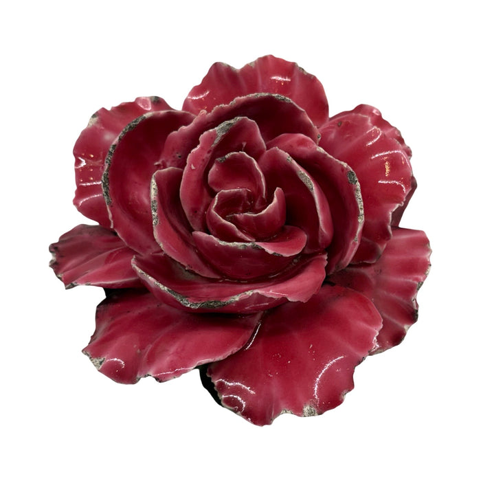 Antique French Pink Porcelain Rose Flower Sculpture with Green Leaves