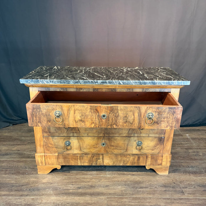 19th Century French Burled Wood Commode, Dresser or Chest of Drawers with Marble Top and Lion Pulls