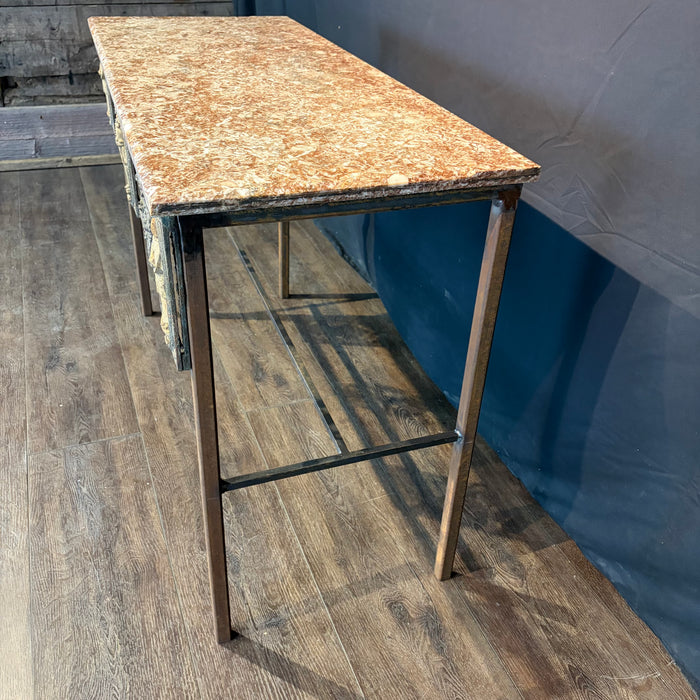 Stunning French Balcony Console Table with Marble Top & Gold Figural Wrought Iron Panel