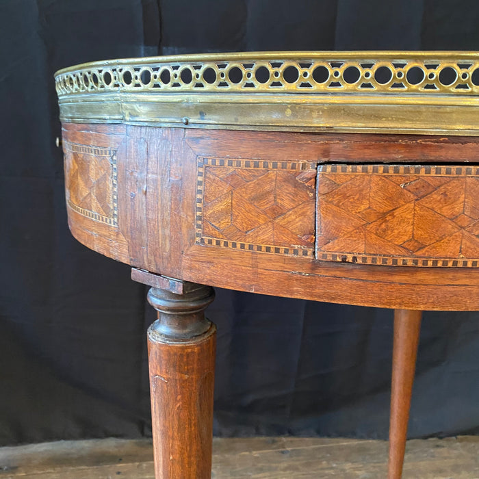 19th Century French Round Carrera Marble Top Side Table, Accent Table or Bouillotte Table with Original Exquisite Napoleonic Figural Pulls and Bronze Gallery