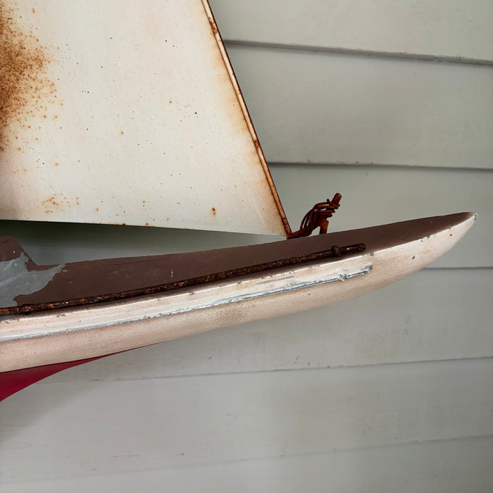 Large Vintage Metal Sailboat Yacht Wall Sculpture with Painted Hull and Wire Rigging