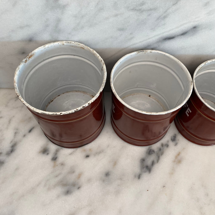 Set of Five French Reddish Brown Enamel Kitchen Canisters with Original Lids