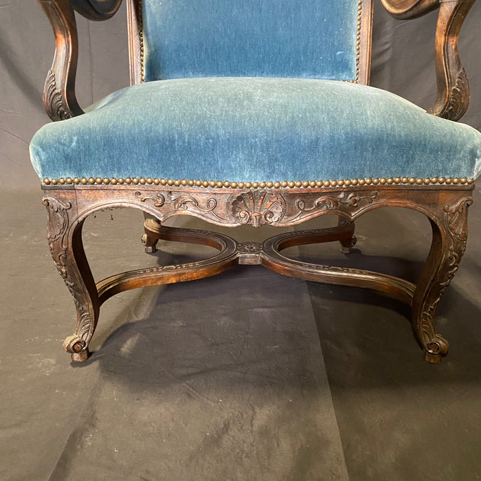 19th Century French Louis XV Chairs with Original Blue Mohair Upholstery: Set of 4 - 2 Armchairs and 2 Side Chairs