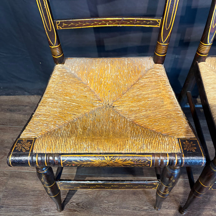 Early 19th Century American Painted Hitchcock-Style Side Chairs with Rush Seats and Gilt Stenciling