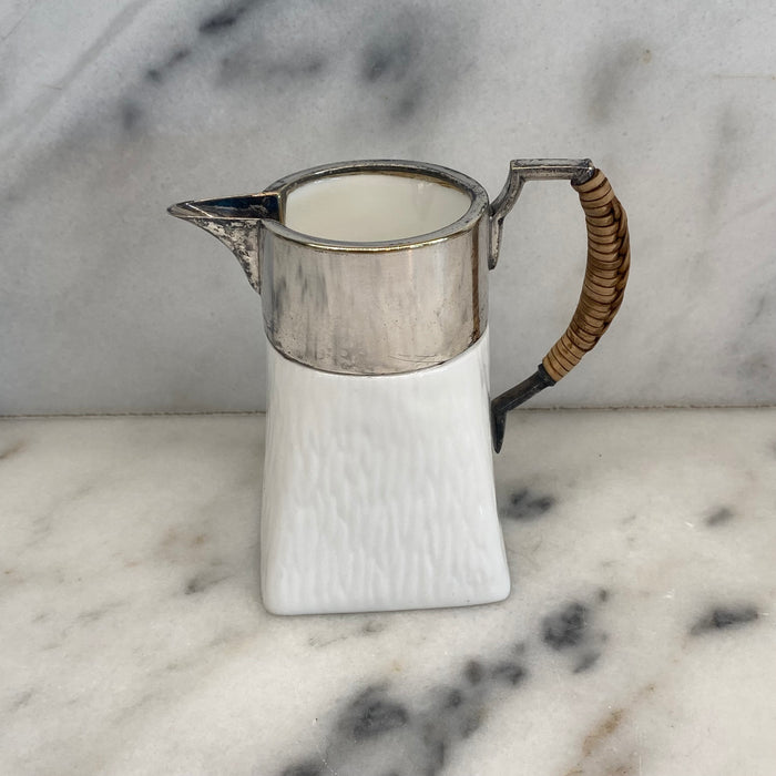 Wedgwood British Porcelain & Silver Plate Cream Pitcher with Wicker Handle